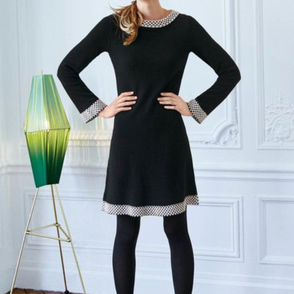 Boden Long Sleeve Navy Dress with White Accents